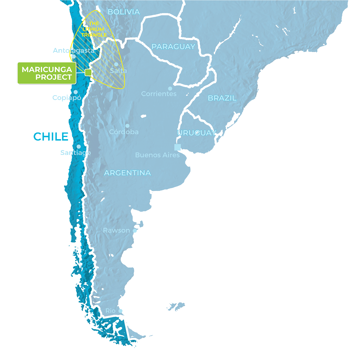 Map of South America, with Chile highlighted. A yellow triangle outlines the northern end of Chile, part of Bolivia and part of Argentina. The yellow triangle is labelled 'The Lithium Triangle'. The Maricunga Project is marked a little way inside the middle southern edge of the lithium triangle.